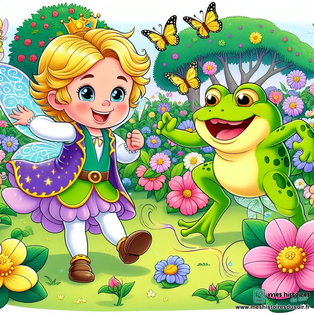 Une illustration sous forme de dessin destinée aux enfants représentant un jardin enchanté rempli de fleurs colorées et de rires, où un jeune prince aux cheveux dorés et aux yeux pétillants danse joyeusement en riant, entouré d'une petite fée aux ailes brillantes et aux cheveux violets qui virevolte autour de lui, tandis qu'un roi des grenouilles, avec un gros ventre rond et des yeux globuleux, les observe en sautillant, le tout dans une ambiance ludique où le prince et la fée tentent de capturer un buisson farceur qui cache un chapeau magique.