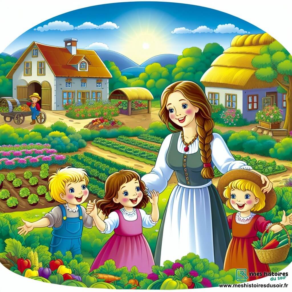 Une illustration destinée aux enfants représentant une agricultrice passionnée, trois enfants curieux et joyeux, et un paisible village entouré de champs verdoyants, de potagers colorés et d'une ferme animée.