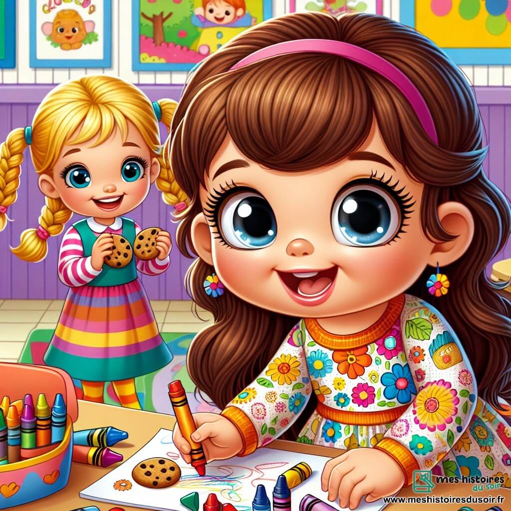 Une illustration sous forme de dessin destinée aux enfants représentant une salle de classe colorée avec des murs ornés de dessins d'enfants, où une petite fille de 5 ans aux cheveux châtains et aux grands yeux brillants, portant une robe à fleurs vibrantes, sourit joyeusement en jouant avec des crayons, tandis qu'à côté d'elle, une fille blonde aux cheveux tressés et un garçon aux cheveux bruns, tous deux de son âge, partagent des biscuits et rient ensemble, illustrant le bonheur de se faire de nouveaux amis lors de la rentrée des classes.