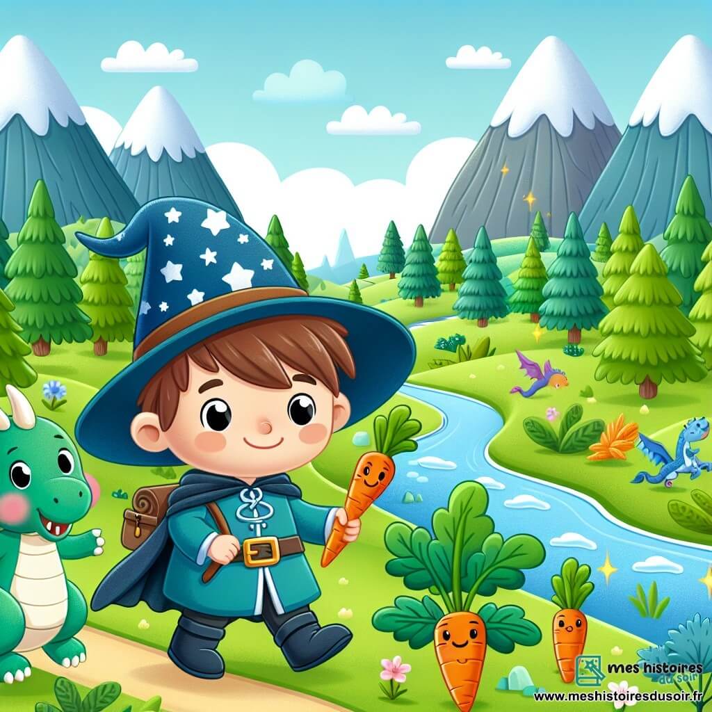 Une illustration destinée aux enfants représentant un jeune apprenti sorcier espiègle et curieux, accompagné de son dragon en peluche et de carottes dansantes, explorant une vallée verdoyante parsemée de forêts enchantées, de rivières scintillantes et de montagnes magiques.