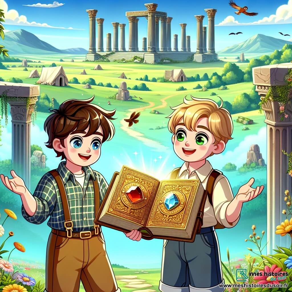 Une illustration sous forme de dessin destinée aux enfants représentant une vaste vallée verdoyante avec des ruines anciennes et majestueuses, où un jeune homme aux cheveux bruns en désordre, vêtu d'une chemise à carreaux et d'un pantalon en toile, examine avec émerveillement un grand livre d'or orné de pierres précieuses, tandis qu'à ses côtés, son ami, un garçon aux cheveux blonds et aux yeux pétillants, l'encourage avec un sourire, tous deux découvrant les secrets d'une cité oubliée, entourés de fleurs colorées et d'oiseaux chantants, sous un ciel bleu parsemé de nuages doux.
