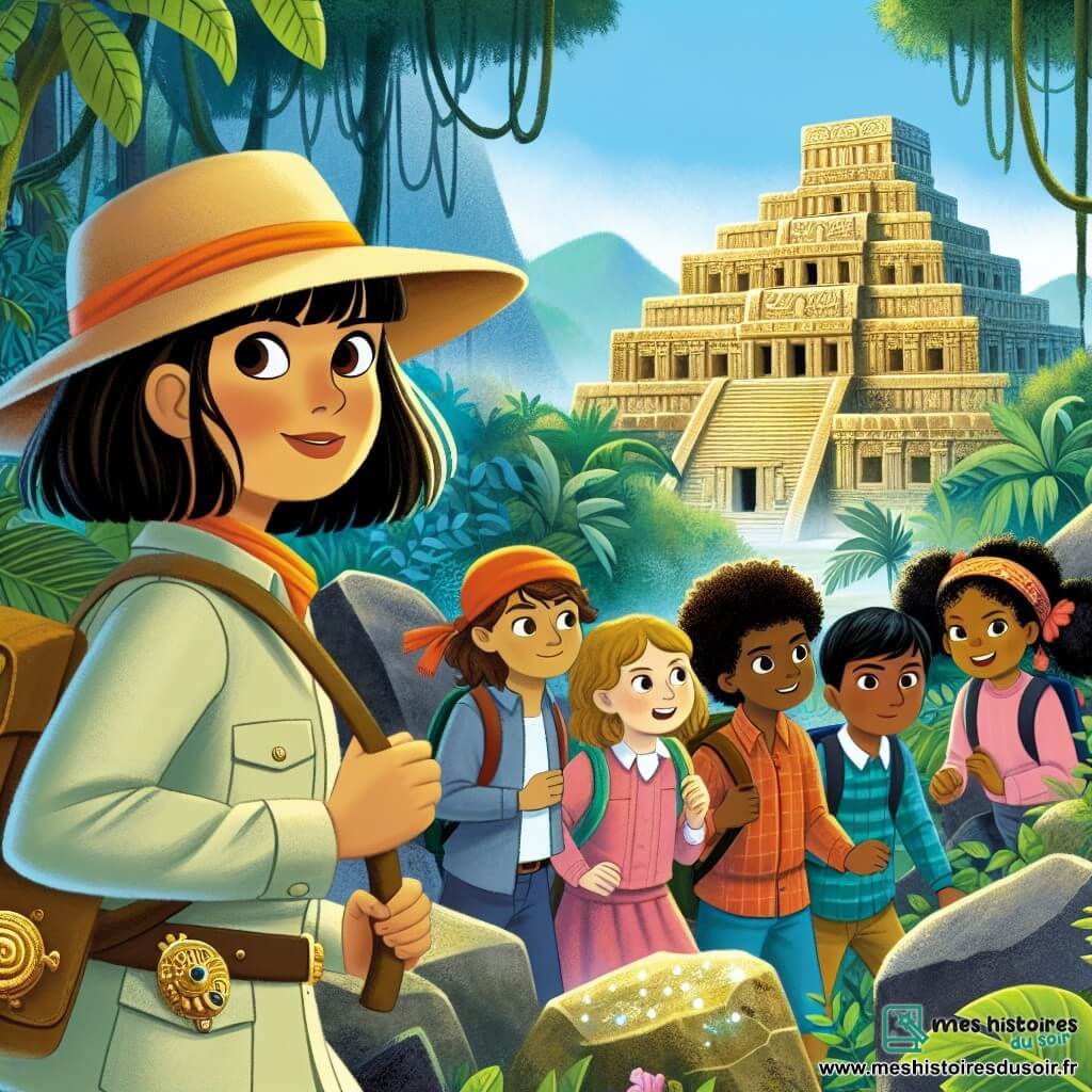 Une illustration destinée aux enfants représentant une archéologue intrépide, explorant une jungle dense aux côtés d'un groupe d'enfants curieux, à la découverte d'une ancienne cité perdue remplie de ruines majestueuses et de trésors étincelants.