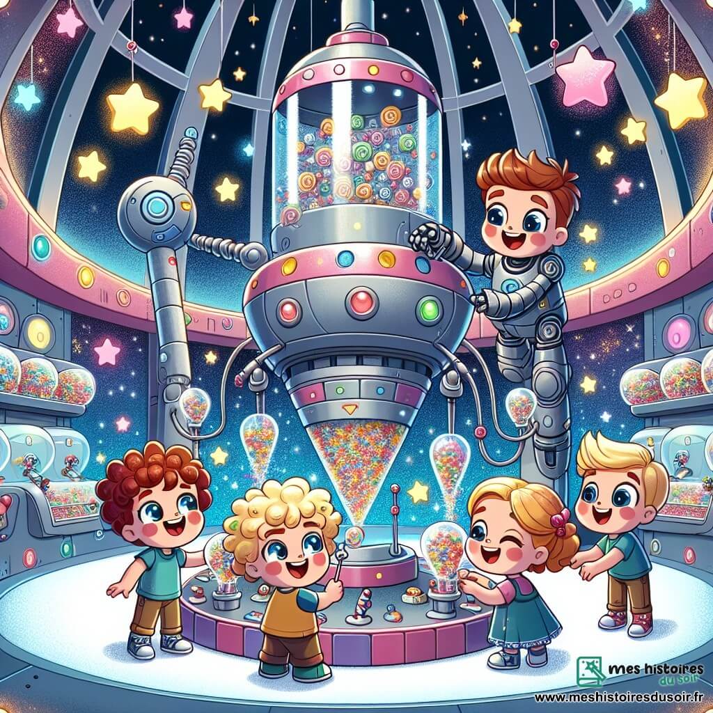 Une illustration sous forme de dessin destinée aux enfants représentant l'intérieur de la station spatiale Lunaria, un lieu magique avec des murs scintillants et des gadgets flottants, où un groupe de quatre enfants de 7 ans, deux filles aux cheveux bouclés et brillants, et deux garçons aux yeux pétillants, s'affairent joyeusement autour d'une machine à bonbons colorée qui projette des confiseries en forme d'étoiles, tandis qu'un grand robot aux bras métalliques les observe avec un sourire amical, capturant l'instant où ils célèbrent leur invention et leur amitié dans une ambiance de science fantasy.