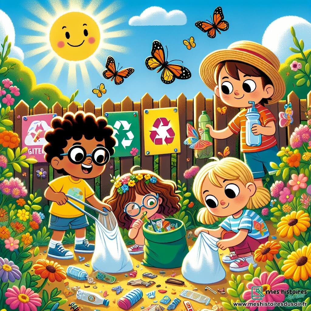 Illustration d'un jardin ensoleillé rempli de fleurs colorées, avec des papillons. Au centre, quatre enfants : un garçon aux cheveux bouclés et souriant, en t-shirt jaune, ramassant des déchets avec un sac en plastique. À côté, une fille aux lunettes brillantes et cheveux châtains observe un insecte sur une fleur. Un autre garçon, curieux, porte un chapeau en paille et tient une bouteille réutilisable, tandis qu'une fille aux tresses danse parmi les fleurs. Les enfants nettoient le jardin, entourés de déchets qu'ils ramassent avec enthousiasme, et des affiches colorées sur le recyclage sont accrochées aux clôtures. Le ciel est bleu et ensoleillé, créant une atmosphère joyeuse.