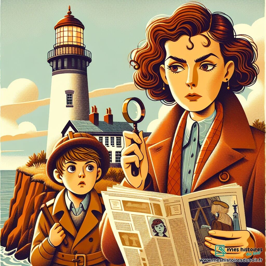 Une illustration sous forme de dessin destinée aux enfants représentant un vieux phare battu par les vagues sur une falaise, avec une femme détective aux cheveux châtains bouclés et aux yeux perçants, tenant une loupe et examinant un vieux journal, tandis qu'à ses côtés, une jeune fille aux cheveux blonds et à l'air inquiet, portant un manteau, observe avec curiosité, le tout baigné dans une lumière dorée d'automne, évoquant un mystère à résoudre autour de la disparition d'une amie.