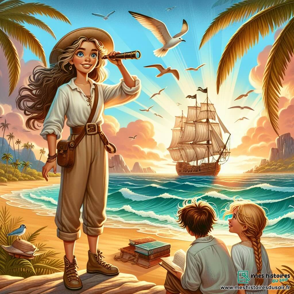 Illustration d'une scène sur l'île de Tortuga, avec des palmiers se balançant au vent chaud et une plage de sable doré bordée de vagues turquoise. Au premier plan, une femme aux cheveux longs et ondulés, vêtue d'une chemise en lin blanc et d'un pantalon en toile, se tient sur une falaise avec un vieux télescope, scrutant l'horizon à la recherche d'aventures. À ses côtés, un garçon de 10 ans au sourire éclatant et une fille de 9 ans avec des tresses écoutent attentivement ses récits, les yeux brillants d'excitation. La femme raconte une histoire captivante sur ses aventures en mer, tandis que des mouettes volent et que le soleil se couche, colorant le ciel. En arrière-plan, un vieux navire pirate est ancré dans la baie, ses voiles blanches flottant doucement, ajoutant une touche d'aventure à cette scène magique.