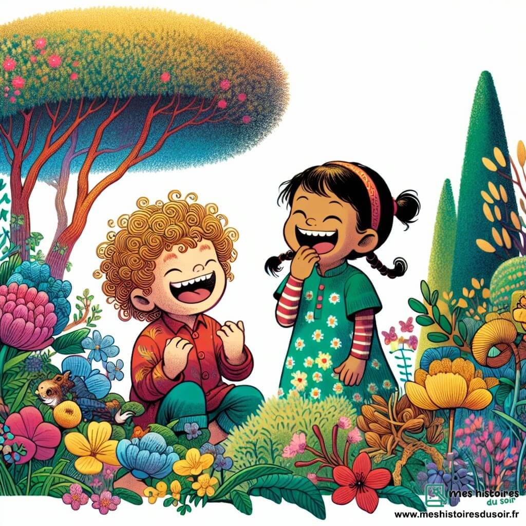 Une illustration destinée aux enfants représentant une petite fille espiègle partageant des éclats de rire avec son copain aux cheveux en bataille, dans un parc coloré rempli de buissons fleuris et d'arbres joyeux.
