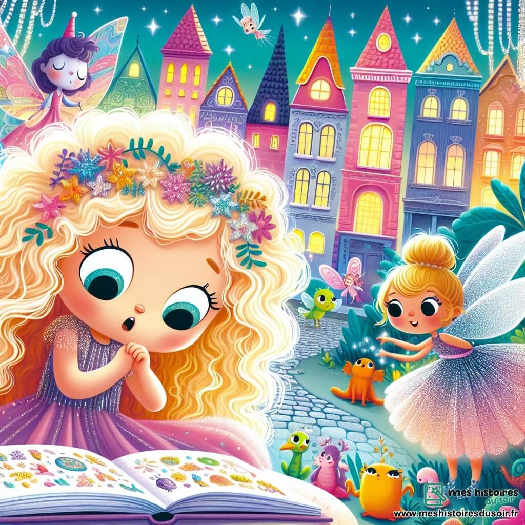 Une illustration destinée aux enfants représentant une petite fille aux cheveux bouclés d'un blond éclatant, plongée dans un monde magique rempli de créatures fantastiques, accompagnée par une fée vêtue d'une robe scintillante, dans la ville colorée de Diamantville aux maisons aux façades chatoyantes et aux rues pavées.