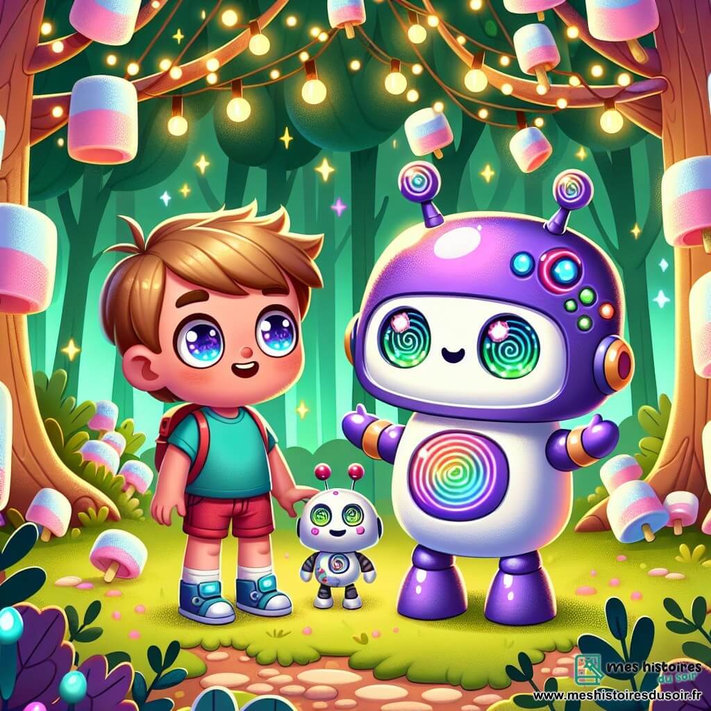 Une illustration sous forme de dessin destinée aux enfants représentant une forêt magique aux arbres en guimauve et aux lumières scintillantes, où un garçon de 7 ans aux cheveux bruns et aux yeux pétillants, vêtu d'un t-shirt bleu et d'un short rouge, se tient avec un petit robot aux formes arrondies et aux couleurs vives, tandis qu'ils regardent avec émerveillement un extraterrestre violet à la peau brillante, aux yeux en spirale, qui sourit et leur explique comment traverser le Pont des Arcs-en-ciel pour retrouver son vaisseau perdu, le tout baigné dans une ambiance joyeuse et colorée.