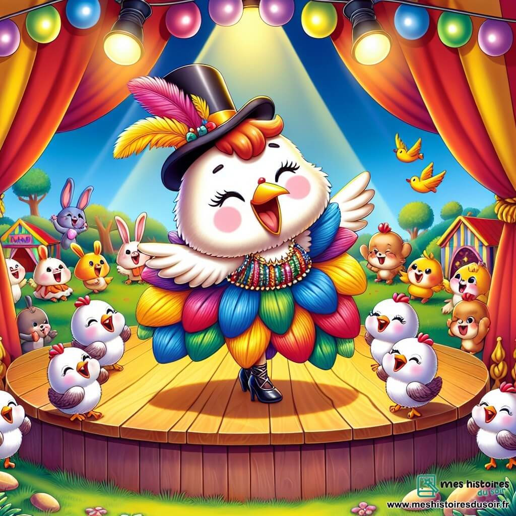 Une illustration sous forme de dessin destinée aux enfants représentant un parc coloré du village de Cocorico, avec une petite poule aux plumes blanches et au bec légèrement tordu, vêtue d'une robe en plumes multicolores et d'un chapeau haut de forme, dansant joyeusement sur une scène en bois, entourée de poussins ronds et mignons qui chantent et se trémoussent, tandis que des lapins et des canards rient et applaudissent, créant une atmosphère festive et amusante pleine de rires et de camaraderie.