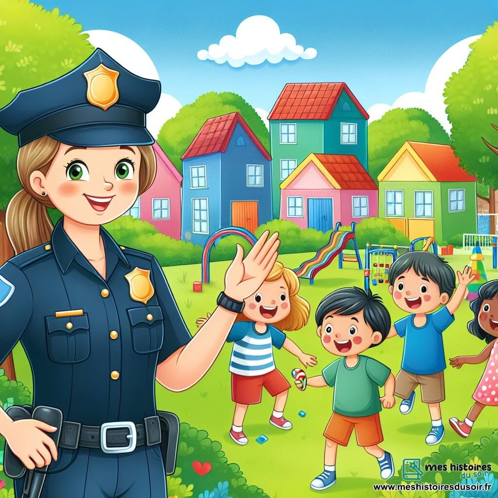 Une illustration destinée aux enfants représentant une femme policière souriante, vêtue d'un uniforme bleu foncé, qui aide les enfants du quartier à résoudre un mystère de bonbons volés, dans un paisible quartier aux maisons colorées, entouré d'arbres verdoyants et d'un parc animé rempli de rires et de jeux.