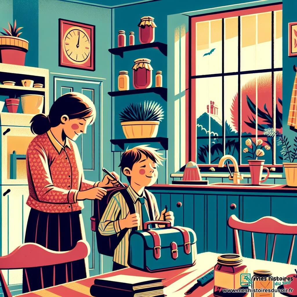 Une illustration destinée aux enfants représentant un jeune garçon nerveux et curieux préparant son cartable pour la rentrée des classes, accompagné de sa mère encourageante, dans une cuisine chaleureuse et colorée avec des pots de confiture sur l'étagère et une fenêtre laissant entrer la lumière du matin.