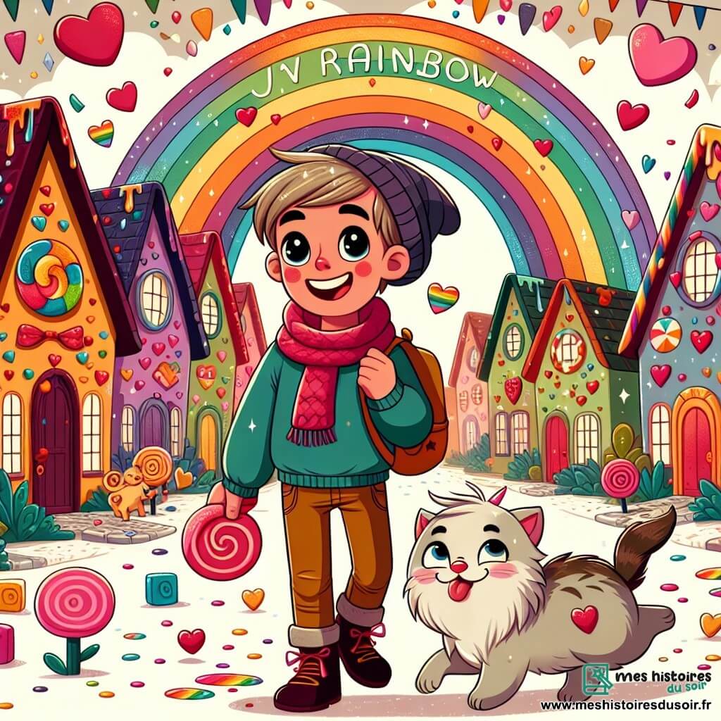 Une illustration destinée aux enfants représentant un garçon espiègle vivant dans un village coloré, célébrant la Saint-Valentin avec ses amis et un chaton nommé Cupidon, à Arc-en-Ciel, un petit village aux maisons en forme de bonbons et aux rues pavées de confettis scintillants.