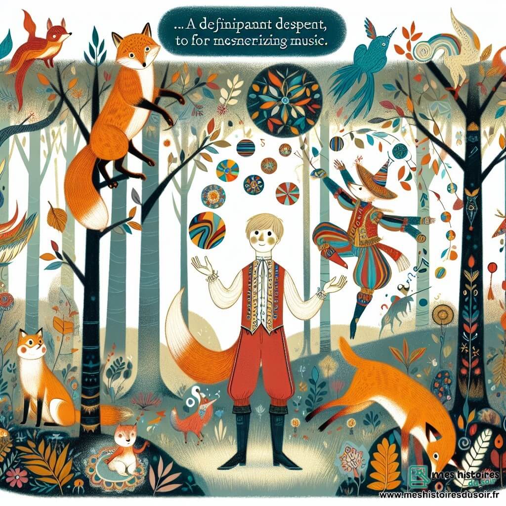 Une illustration destinée aux enfants représentant un garçon curieux se retrouvant dans un monde fantastique avec des animaux farfelus, dont un renard jongleur, dans une forêt magique bordée d'arbres aux feuilles multicolores qui dansent au rythme de la musique enchantée.