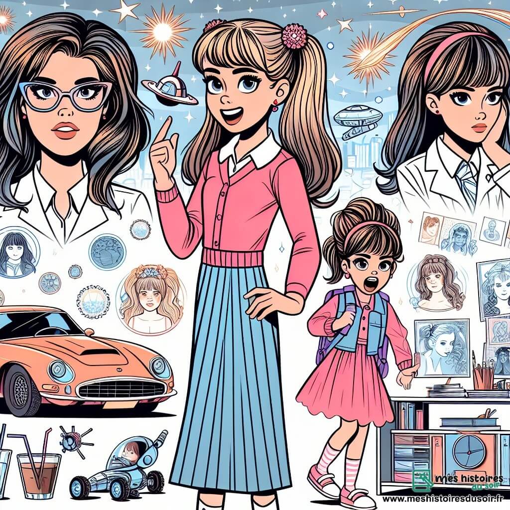 Une illustration destinée aux enfants représentant une jeune fille brillante et passionnée par la science, vivant avec sa belle-mère occupée et ses deux demi-sœurs obsédées par leur apparence, dans un monde futuriste où les voitures volent et les robots sont les compagnons de nombreuses familles.