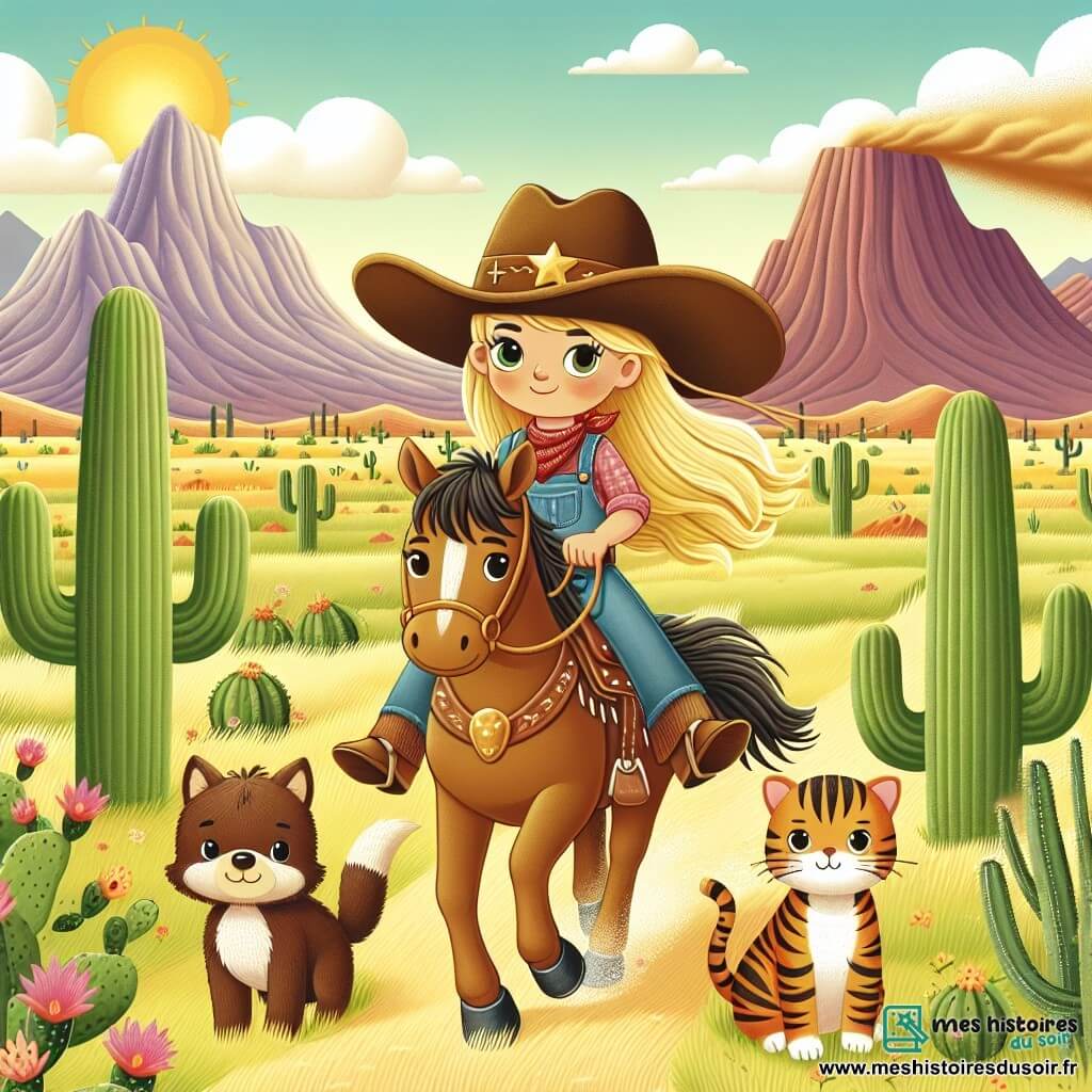 Une illustration sous forme de dessin destinée aux enfants représentant une vaste prairie ensoleillée avec de grands cactus et des montagnes en arrière-plan, où une jeune cow-girl aux longs cheveux blonds et au grand chapeau de cow-boy monte fièrement son cheval rapide, tandis qu'un petit chien aux poils bruns et un chat tigré se tiennent à ses côtés, tous trois faisant face à une tempête de sable qui approche, illustrant le courage et la détermination de la cow-girl à protéger ses amis et à surmonter les défis.