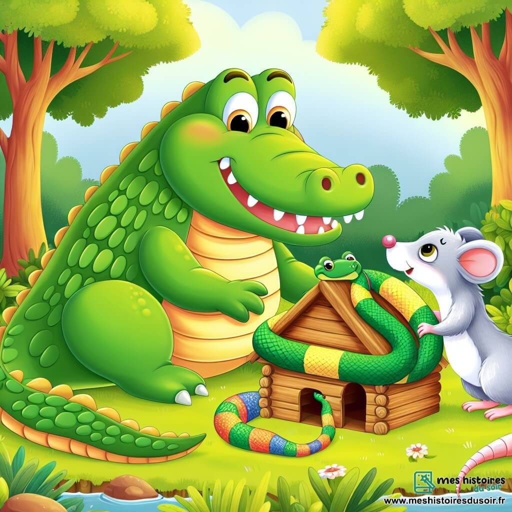 Une illustration sous forme de dessin destinée aux enfants représentant une forêt verdoyante et ensoleillée, où un grand crocodile aux écailles vertes et aux yeux doux, souriant, aide un serpent fin et coloré à réparer une petite cabane en bois, tandis qu'une souris aux grandes oreilles et au pelage gris les observe avec un sourire joyeux, le tout dans une ambiance amicale et chaleureuse, illustrant l'entraide et l'amitié entre les animaux.