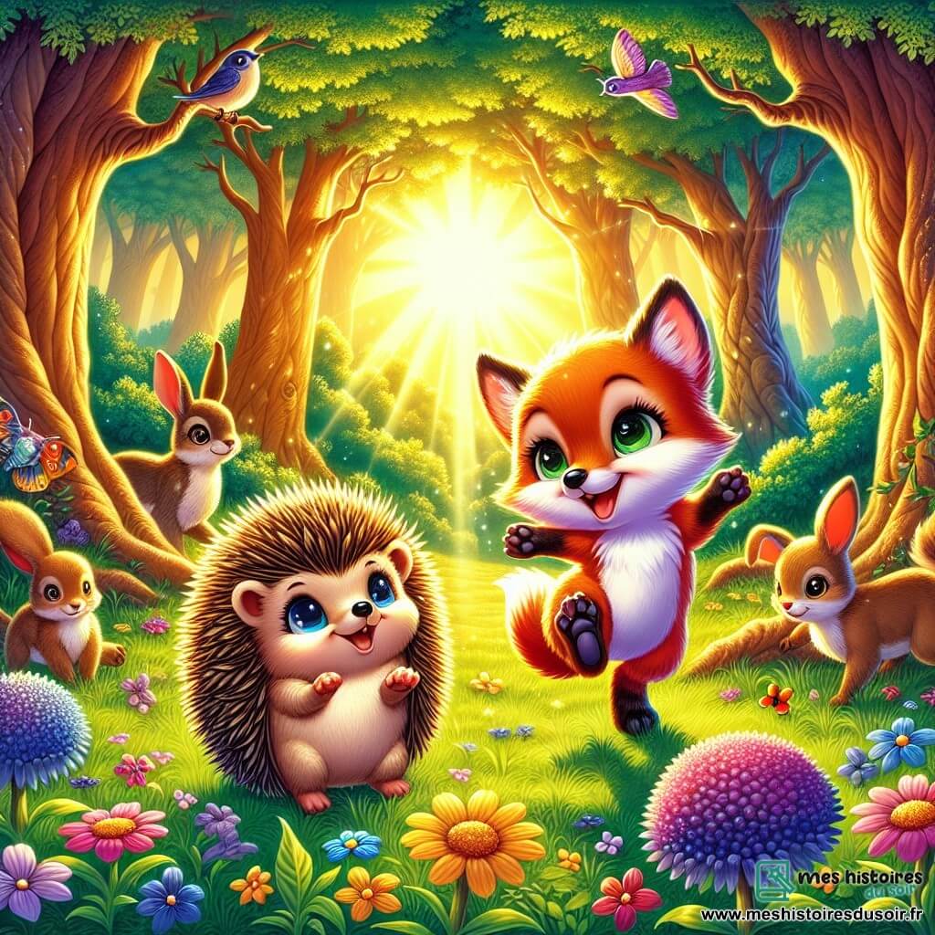 Illustration d'une clairière enchantée, baignée par la lumière dorée du soleil couchant. Des fleurs colorées dansent au vent, tandis que de grands arbres aux troncs noueux forment un écrin de verdure. Au centre, un petit hérisson aux piquants brillants et soyeux, avec un visage expressif et des yeux pétillants de curiosité, se tient debout sur ses pattes arrière, un sourire joyeux aux lèvres. À ses côtés, un renardeau au pelage roux éclatant, avec des yeux malicieux, saute de joie, prêt à jouer. Ensemble, ils s'apprêtent à explorer la clairière, entourés de lapins aux grandes oreilles et d'écureuils agiles qui les observent en s'amusant. L'atmosphère est pleine de magie et d'amitié, avec des oiseaux chantant dans les branches et des papillons colorés virevoltant autour d'eux.