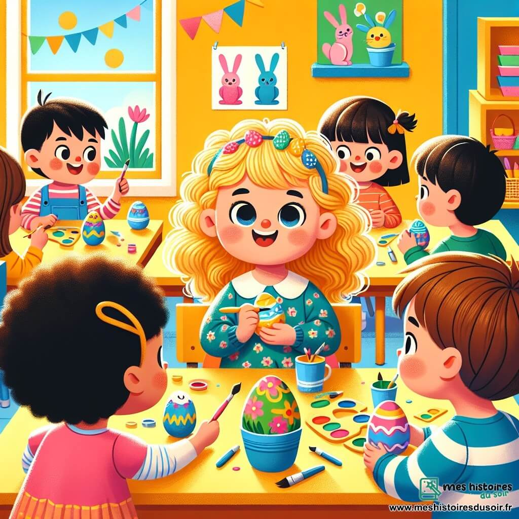 Illustration d'une salle de classe lumineuse et colorée, avec des murs jaunes et des décorations de Pâques, comme des lapins et des œufs en papier. Au centre, une petite fille d'un an, aux grands yeux brillants et cheveux bouclés, est assise à une table, portant une robe à fleurs et peignant un œuf en bois bleu avec des couleurs vives : rouge, vert et jaune. Autour d'elle, plusieurs enfants de 4 à 5 ans, joyeux et concentrés, sont assis à des tables. Un garçon aux cheveux bruns, en t-shirt rayé, montre son œuf décoré à une petite fille blonde qui sourit avec un pinceau. La scène illustre l'excitation et la créativité des enfants en train de décorer des œufs de Pâques, avec des pots de peinture et des pinceaux sur les tables, créant une atmosphère joyeuse et festive.