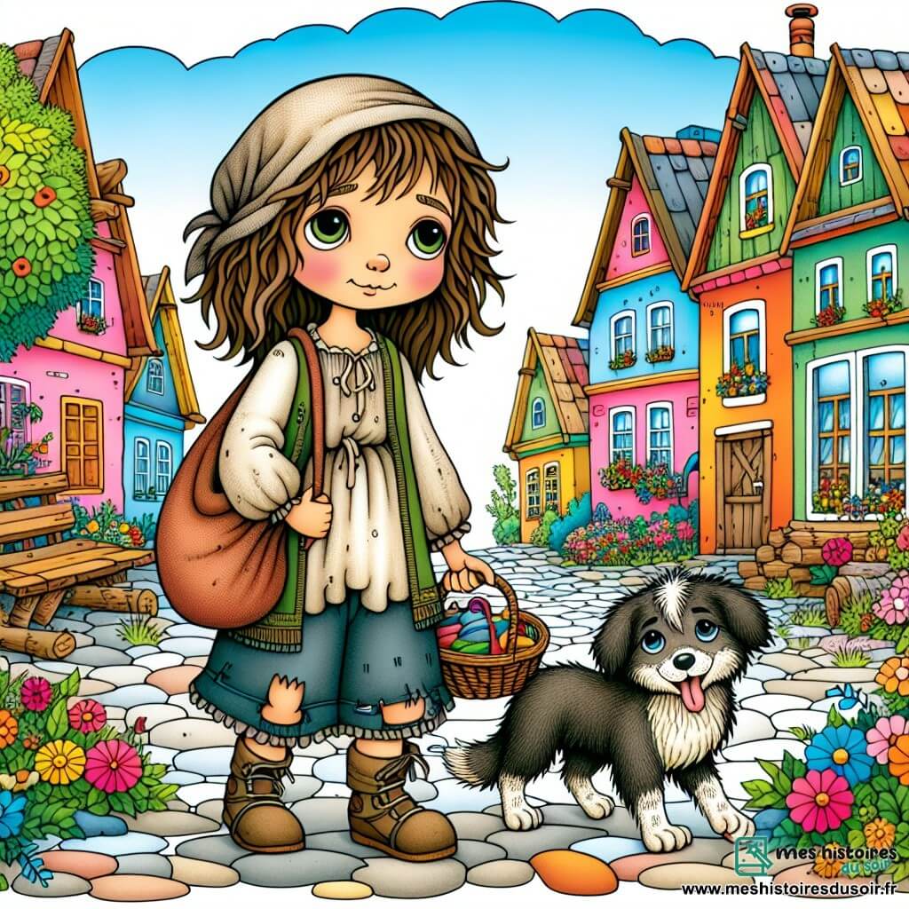 Une illustration destinée aux enfants représentant une jeune fille aux cheveux bruns, vêtue de vêtements usés, tenant un petit sac de jouets, accompagnée d'un chien fidèle, dans un village coloré avec des maisons en bois et des fleurs qui bordent les rues pavées.