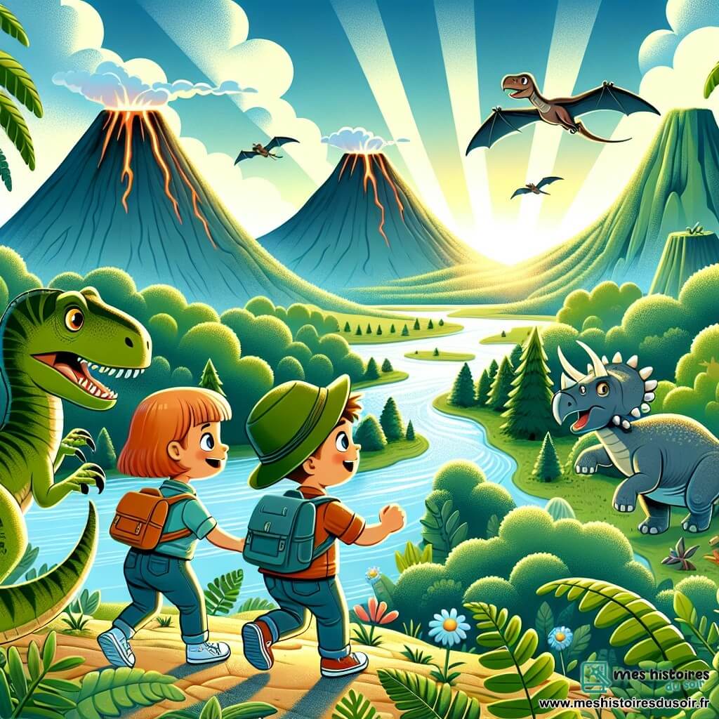 Une illustration destinée aux enfants représentant un jeune vélociraptor aventurier se lançant dans une quête périlleuse pour sauver Dinoland, accompagné d'une tricératops fille et d'un ptérodactyle garçon, au cœur d'une vallée verdoyante parsemée de volcans endormis et de rivières cristallines, illuminée par les premiers rayons du soleil.