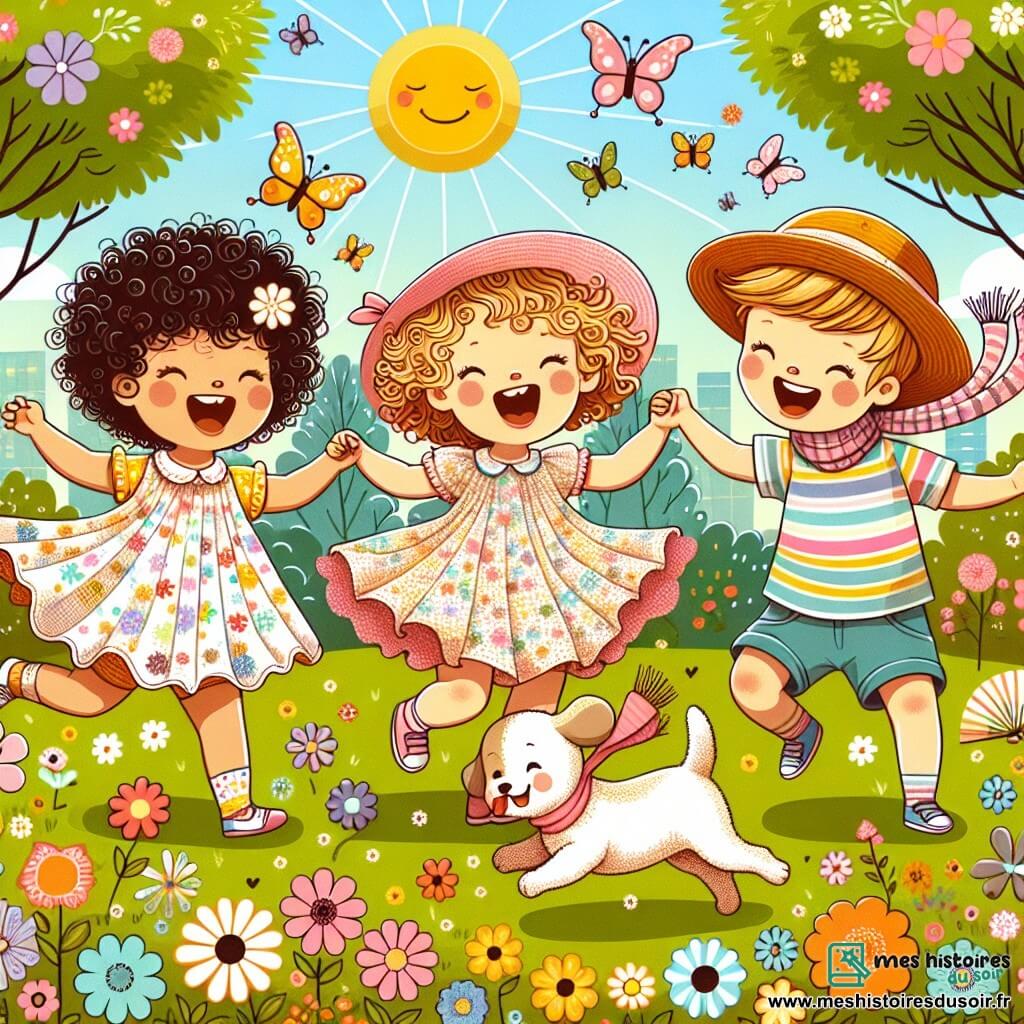 Une illustration sous forme de dessin destinée aux enfants représentant un parc ensoleillé, rempli de fleurs colorées et de petits papillons, où un groupe de trois enfants de 3 ans, deux filles aux cheveux bouclés et colorés, l'une portant une robe en papier et l'autre une écharpe tourbillonnante, ainsi qu'un garçon joyeux avec un chapeau de paille trop grand, s'amusent à défiler en riant autour d'un petit chien curieux qui porte un foulard, créant une ambiance de joie et d'amitié.