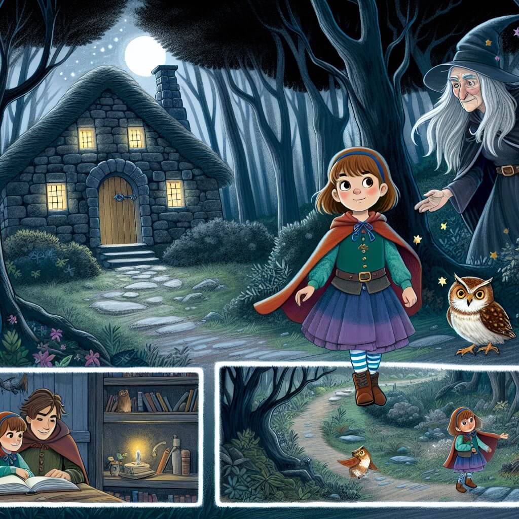Une illustration destinée aux enfants représentant une jeune fille courageuse, perdue dans une forêt sombre et mystérieuse, accompagnée de sa fidèle chouette, et découvrant une maison en pierre cachée au cœur d'une clairière enchantée, où une sorcière bienveillante l'invite à entrer.