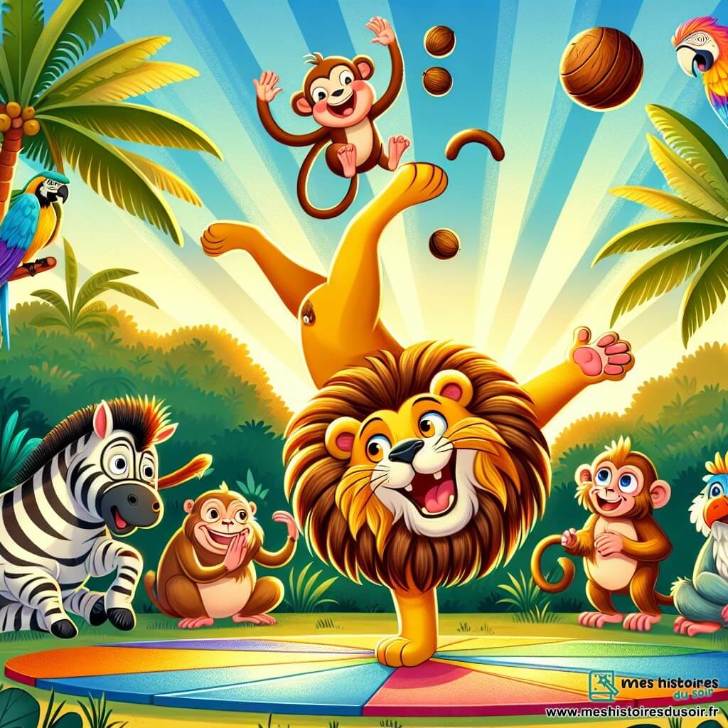Une illustration sous forme de dessin destinée aux enfants représentant une clairière ensoleillée de la jungle, avec un lion à la crinière dorée et brillante, riant joyeusement en faisant une pirouette, entouré d'un singe espiègle aux couleurs vives jonglant avec des noix de coco et d'une zèbre rayée qui applaudit avec enthousiasme, tandis qu'en arrière-plan, des animaux curieux comme des perroquets colorés et des hiboux sages observent le concours amusant où le lion montre ses talents acrobatiques.