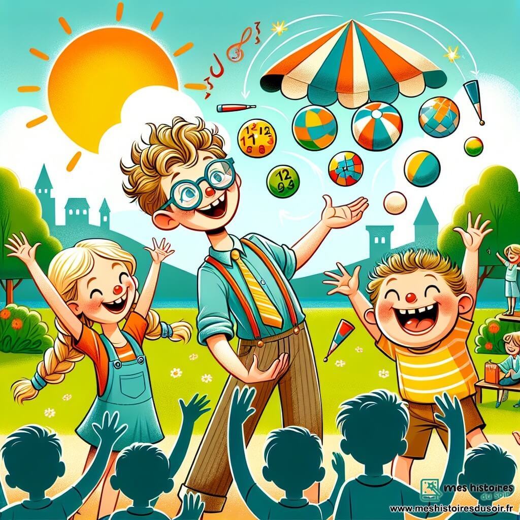 Une illustration sous forme de dessin destinée aux enfants représentant un parc ensoleillé de Joyeuxville, avec un garçon de 12 ans aux cheveux ébouriffés et portant des lunettes, en train de jongler avec des balles colorées, tandis qu'une petite fille aux couettes blondes, souriante, l'encourage en levant les bras, et un garçon rond avec des yeux pétillants de malice, imitant un professeur de maths avec des gestes exagérés, le tout entouré de rires et d'applaudissements d'enfants émerveillés, capturant l'esprit joyeux d'un spectacle improvisé entre amis.