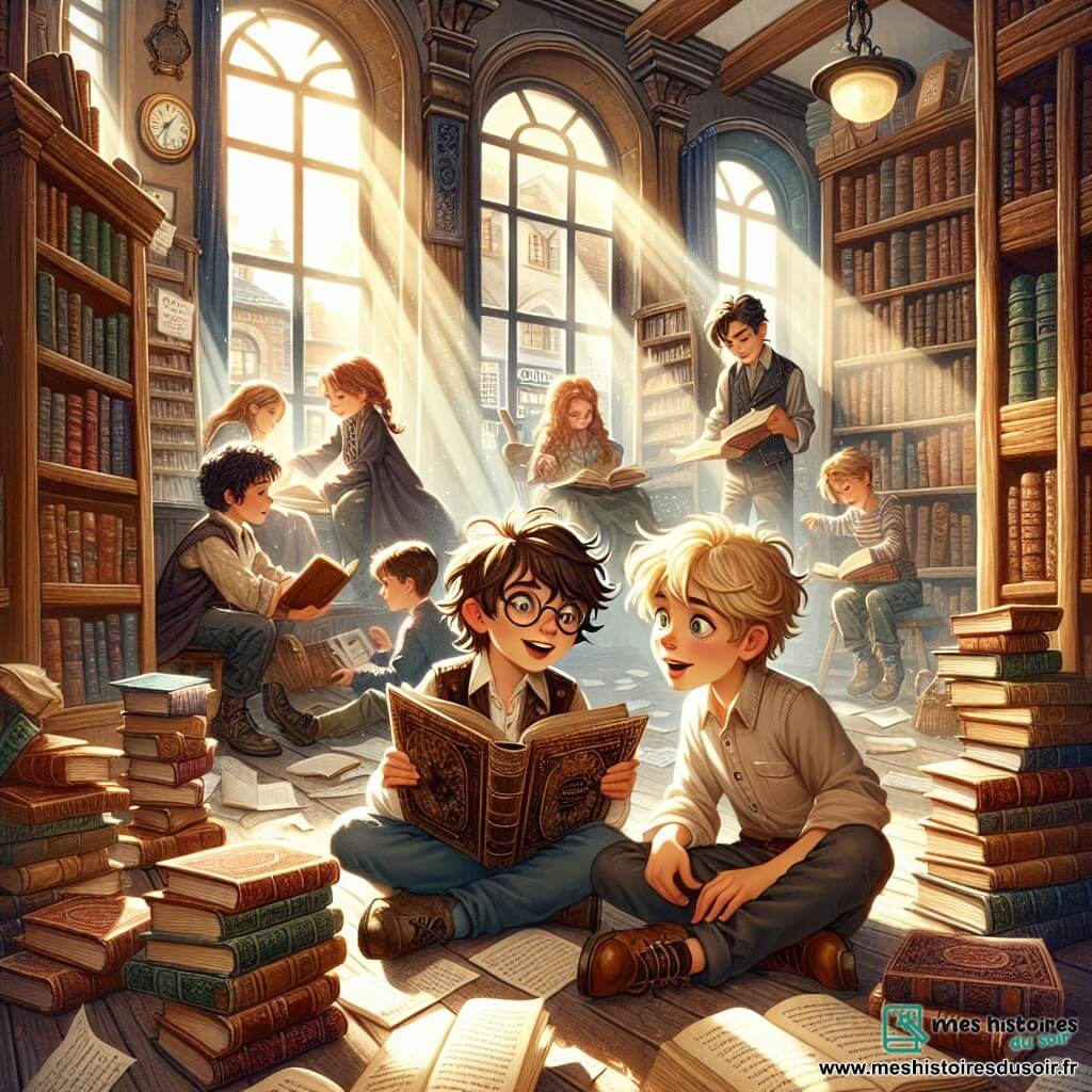 Illustration destinée aux enfants représentant une scène dans une vieille librairie au coin d'une rue, avec des étagères en bois chargées de livres anciens aux couvertures colorées, des rayons de lumière filtrant à travers des fenêtres poussiéreuses. Au premier plan, un garçon de 11 ans, avec des cheveux bruns en bataille et des lunettes rondes, tient un livre en cuir dans ses mains, son visage illuminé par la curiosité et l'excitation. À côté de lui, un autre garçon de 11 ans, aux cheveux blonds et aux yeux pétillants, l'écoute attentivement, les mains dans les poches de son jean. La situation principale montre le garçon brun partageant avec enthousiasme une leçon sur l'importance de la vérité, tandis que d'autres enfants assis par terre, plongés dans leurs lectures, écoutent avec intérêt. Des livres ouverts, des pages tournées par le vent, et une atmosphère chaleureuse et accueillante complètent cette scène magique d'apprentissage et de découverte.