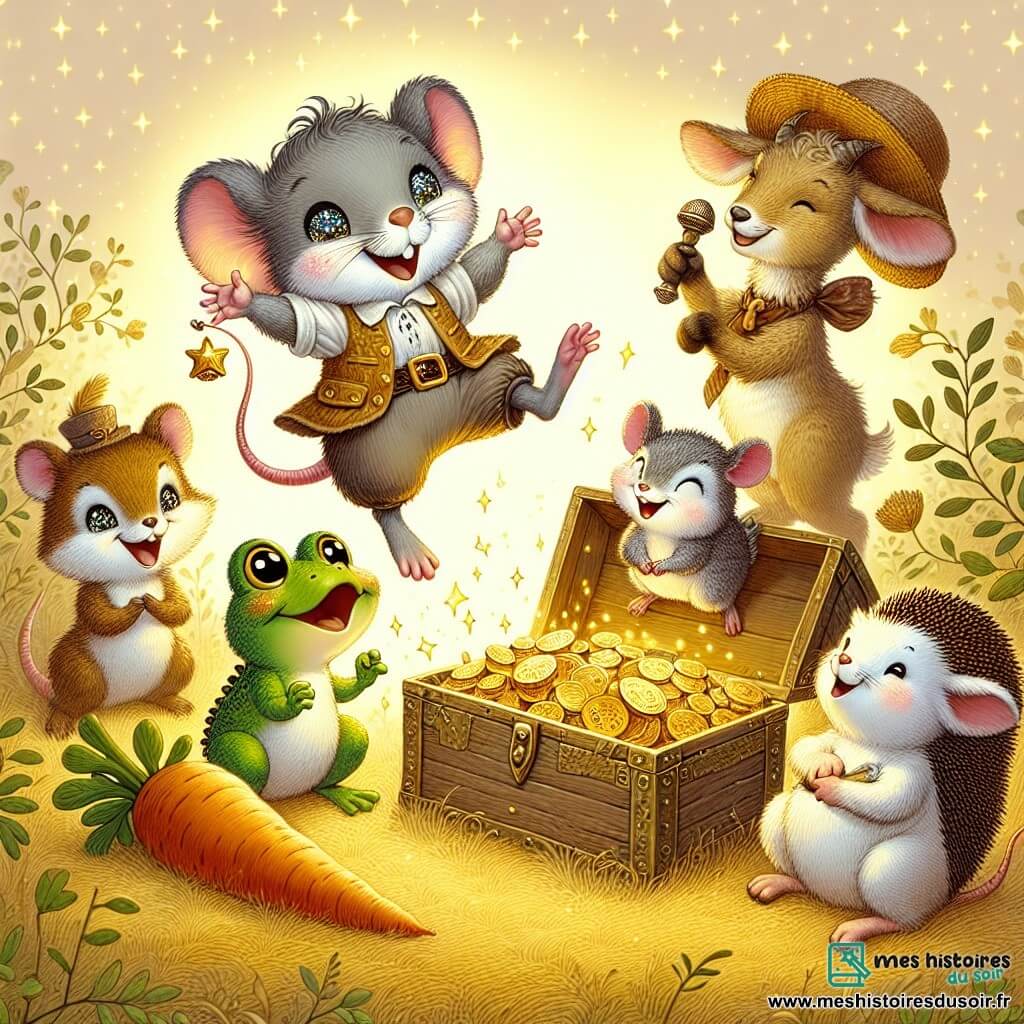 Une illustration sous forme de dessin destinée aux enfants représentant une clairière enchantée baignée de lumière dorée, où une petite souris aux yeux pétillants et à la fourrure grise, sautillant de joie, tient une boîte en bois remplie de trésors amusants, entourée de ses amis : une grenouille verte chantant en sautillant, un hérisson avec un chapeau de paille se pavanant fièrement, et une chèvre joyeuse exhibant une carotte géante, tous riant ensemble lors d'une chasse au trésor pleine de rires et d'amitié.