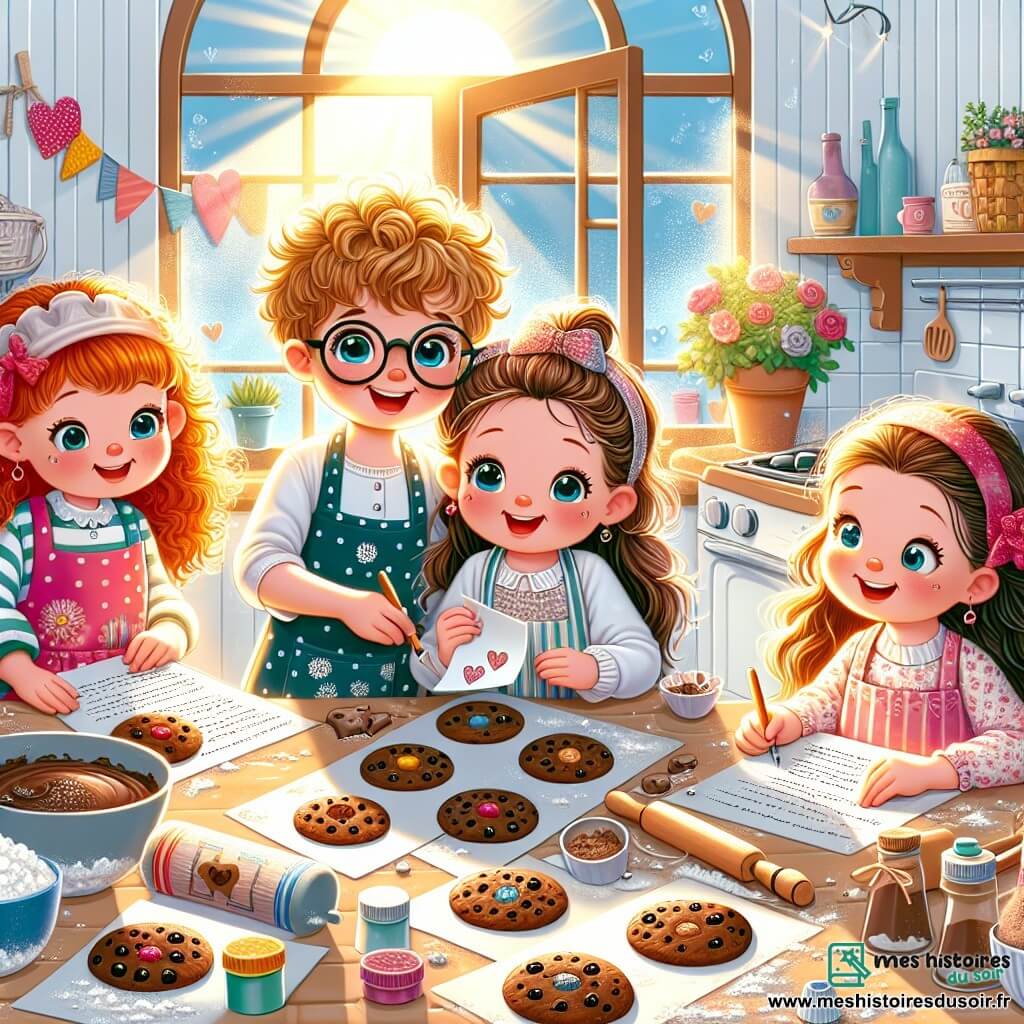 Une illustration sous forme de dessin destinée aux enfants représentant une cuisine ensoleillée et colorée, où un groupe de quatre enfants de 9 ans, deux filles aux cheveux bouclés et un garçon aux lunettes, tous souriants et vêtus de tabliers trop grands, s'affairent joyeusement à préparer des biscuits au chocolat, tandis qu'une autre fille, avec une tresse et des yeux pétillants, écrit une lettre sur la table, entourée de farine et d'ingrédients colorés, capturant l'esprit festif et l'amour de la fête des mères.
