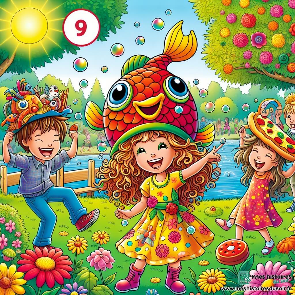 Une illustration sous forme de dessin destinée aux enfants représentant un parc ensoleillé de Fleurville, rempli de fleurs colorées et d'arbres aux feuilles éclatantes, où une fille de 9 ans aux cheveux bouclés et au sourire radieux, portant un chapeau extravagant en forme de poisson qui fait des bruits de bulle, danse joyeusement avec ses amis, dont un garçon aux cheveux bruns et un chapeau en forme de pizza, tandis qu'une petite fille avec un chapeau en forme de canard rit aux éclats, tous entourés de chapeaux farfelus et de bonbons, illustrant l'ambiance joyeuse et ludique du Festival des Chapeaux Farfelus.