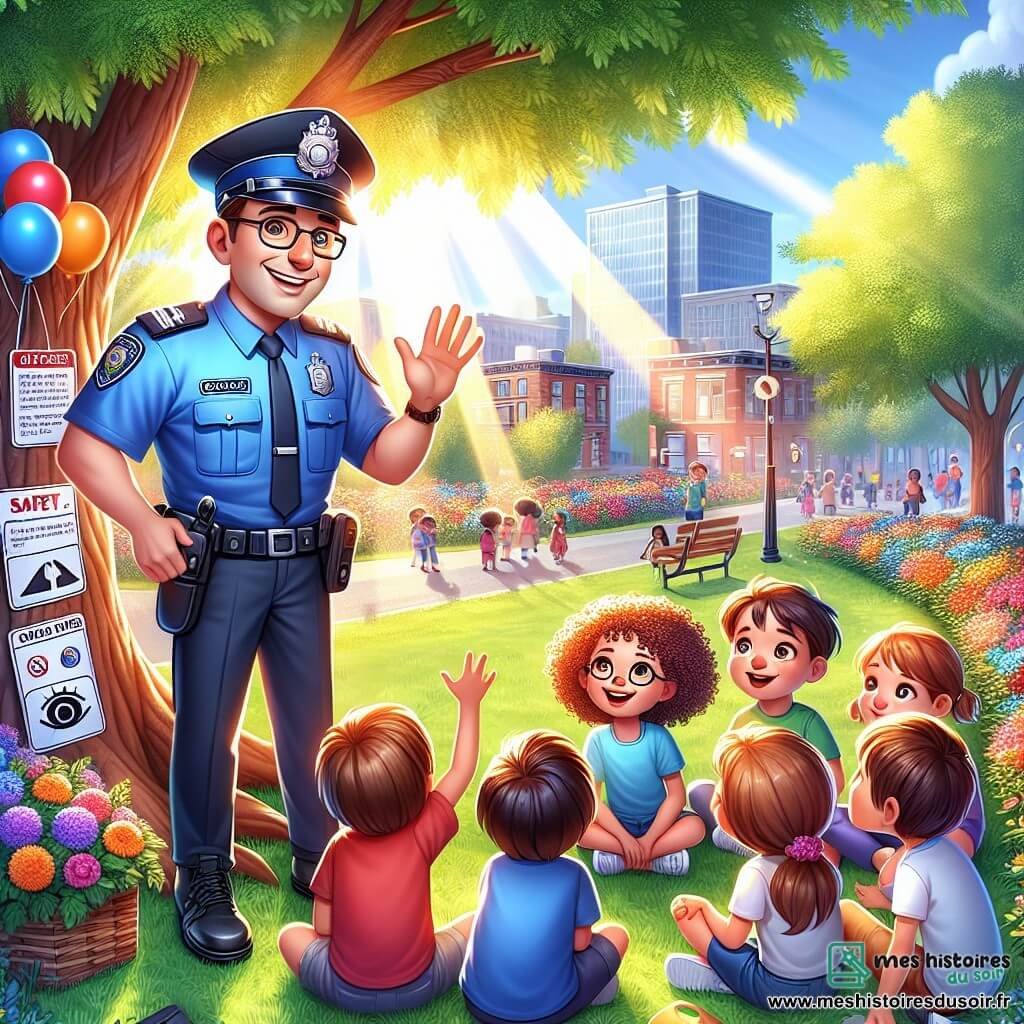 Illustration destinée aux enfants représentant un parc ensoleillé de la ville de Saint-Lumière, où de grands arbres aux feuilles verdoyantes se dressent, entourés de fleurs colorées et de rires d'enfants jouant sur l'herbe. Au centre, un policier homme au sourire chaleureux, portant un uniforme bleu et un casque, est assis sur un banc, expliquant avec enthousiasme son métier à un groupe d'enfants. Parmi eux, une fillette aux cheveux bouclés et une paire de lunettes sur le nez, écoutant attentivement, et un garçon curieux avec des cheveux bruns, levant la main pour poser une question. La scène dégage une atmosphère joyeuse et engageante, illustrant l'importance de la sécurité et du respect dans la communauté, avec des ballons colorés flottant dans l'air et des dessins de règles de sécurité accrochés sur un arbre à proximité.