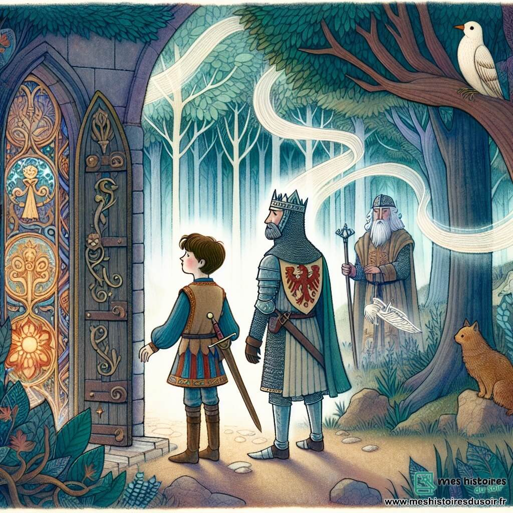 Une illustration destinée aux enfants représentant un jeune chevalier courageux se tenant devant l'entrée mystérieuse de la Forêt Enchantée, accompagné d'un sage Gardien des Secrets, dans un royaume lointain au cœur du Moyen Âge, où les arbres semblent s'animer et les ombres dansantes murmurent des énigmes anciennes.