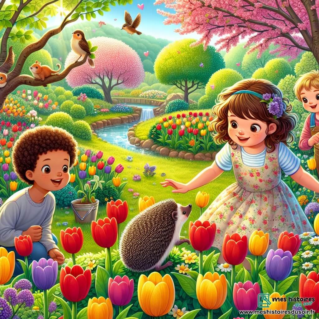 Illustration destinée aux enfants représentant un jardin luxuriant au printemps, rempli de tulipes colorées dans des teintes vives de rouge, jaune et violet, avec des arbres en fleurs et un ruisseau scintillant serpentant à travers le paysage. Au centre, une fille de 11 ans, aux cheveux châtains bouclés, portant une robe légère à motifs floraux, s'accroupit avec émerveillement pour observer un petit hérisson sortant d'un buisson, son visage illuminé par un sourire curieux. À proximité, deux amis, un garçon aux cheveux blonds courts et une fille aux cheveux noirs tressés, se tiennent debout, fascinés, tenant des gants de jardinage et un seau, prêts à explorer les merveilles de la nature. L’atmosphère est joyeuse et enjouée, avec des oiseaux chantant dans les arbres et des abeilles bourdonnant autour des fleurs, créant une scène vivante et pleine de découvertes.