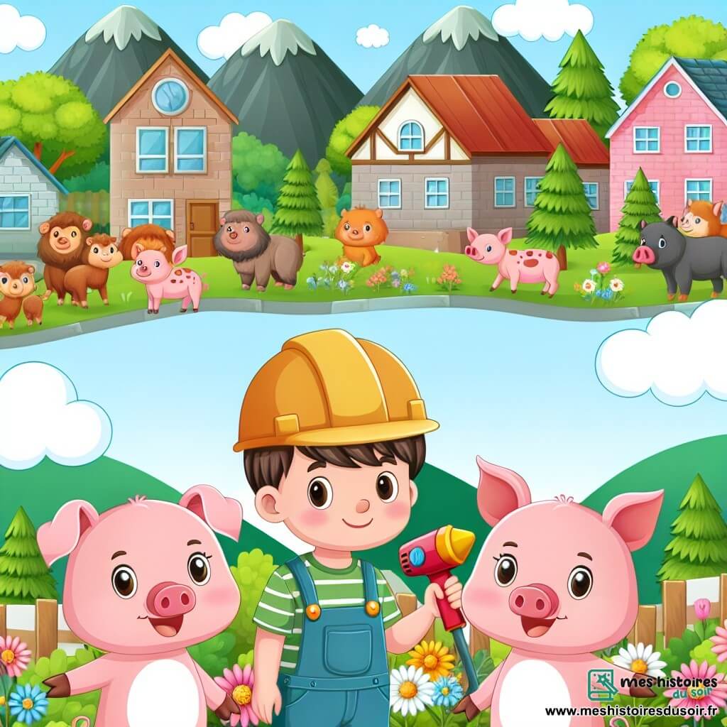 Une illustration destinée aux enfants représentant un adorable trio de petits cochons, engagés dans la construction de maisons écologiques, accompagnés d'animaux de la forêt, dans une charmante petite ville entourée de collines verdoyantes et de fleurs colorées.