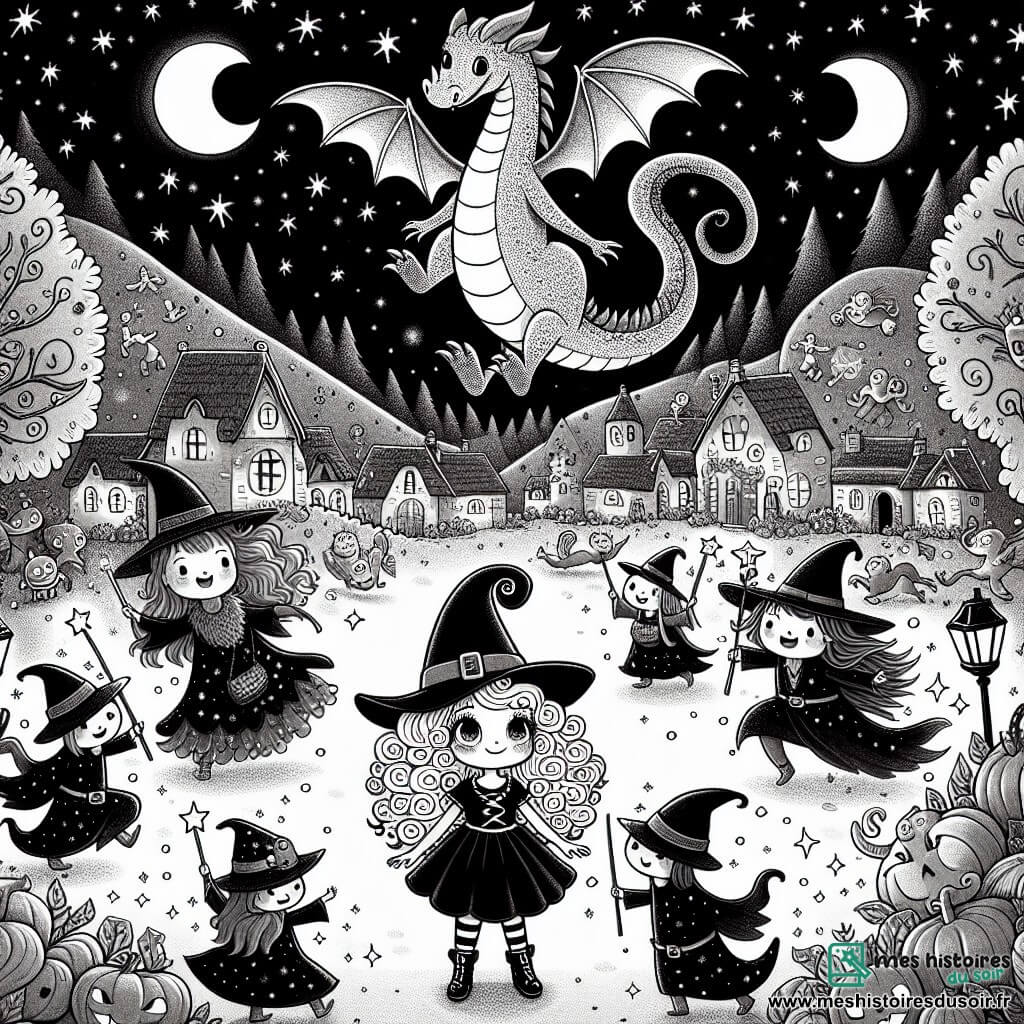 Une illustration sous forme de dessin destinée aux enfants représentant une nuit d'Halloween dans une petite ville illuminée par des lanternes flottantes, où une fille de 12 ans aux cheveux bouclés et aux yeux pétillants, vêtue d'un costume de sorcière avec un chapeau pointu, se tient au milieu d'une clairière enchantée, entourée de créatures magiques dansant joyeusement, tandis qu'un dragon majestueux aux écailles brillantes les observe avec bienveillance, capturant l'instant où ils se préparent à partir à la recherche d'une étoile perdue pour sauver la magie d'Halloween.