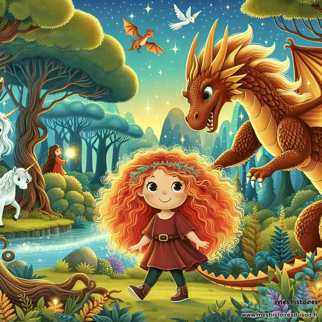 Une illustration destinée aux enfants représentant une petite fille aux cheveux bouclés couleur de feu, accompagnée d'un majestueux dragon aux écailles d'or, explorant un royaume fantastique peuplé de licornes, d'elfes et de dragons, dans une forêt luxuriante aux arbres centenaires et aux rivières scintillantes.