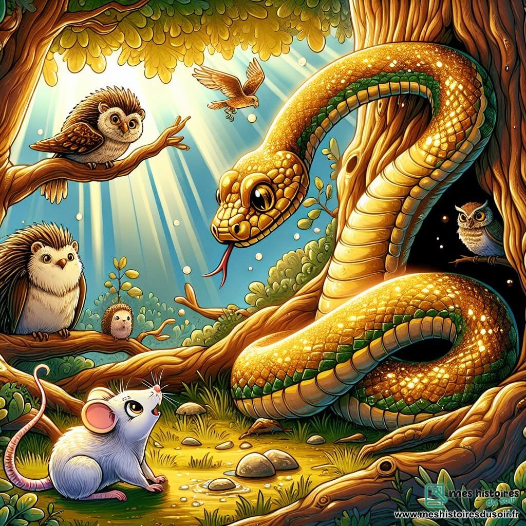 Une illustration sous forme de dessin destinée aux enfants représentant une forêt enchantée baignée par la lumière dorée du soleil, avec un serpent aux écailles brillantes d'or et de vert émeraude, glissant avec agilité vers un trou au pied d'un grand chêne majestueux, tandis qu'une petite souris blanche, aux yeux pétillants de peur et d'espoir, l'observe anxieusement, entourée de divers animaux comme un hérisson aux épines douces et une chouette sage perchée sur une branche, tous prêts à aider leur ami coincé à l'intérieur du trou.