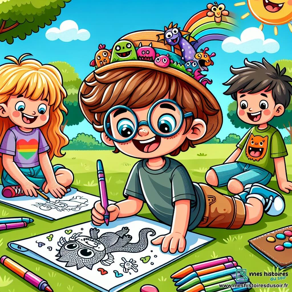 Une illustration sous forme de dessin destinée aux enfants représentant un parc ensoleillé, avec un garçon de 11 ans aux cheveux ébouriffés et portant des lunettes trop grandes, assis sur l'herbe en train de dessiner une carte au trésor colorée, entouré de ses amis : une fille espiègle avec un chapeau de paille orné de dessins de dragons, qui gribouille des monstres sur son carnet, et un garçon au t-shirt souriant, mimant des grimaces pour faire rire tout le monde, alors qu'ils préparent ensemble une chasse au trésor pleine de rires et de bonbons.