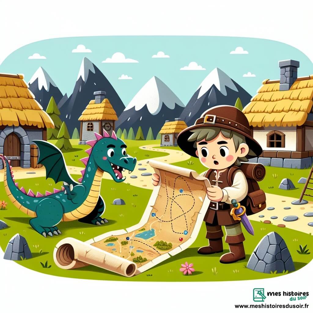 Une illustration destinée aux enfants représentant un jeune garçon aventurier découvrant une carte au trésor mystérieuse, accompagné d'un dragon amical, dans un village montagnard aux toits de chaume et aux ruelles pavées de pierres anciennes.