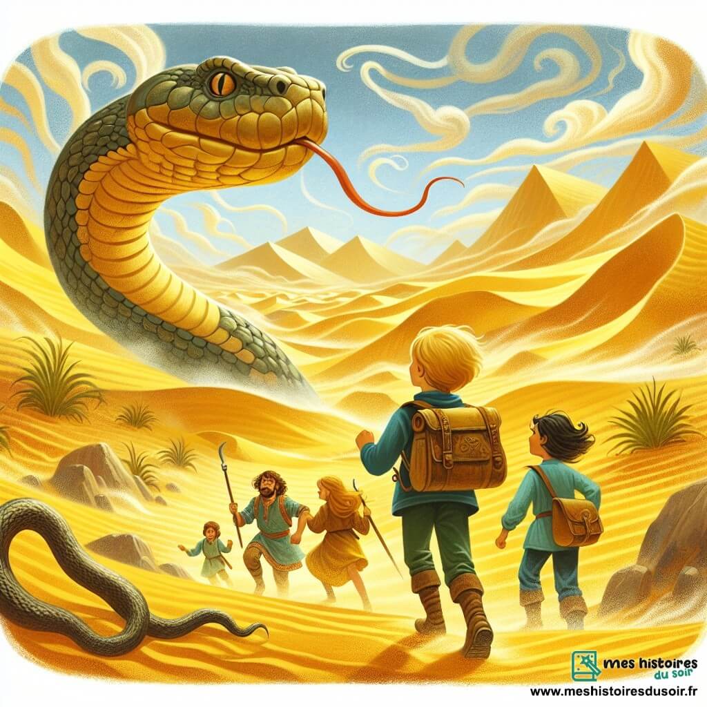 Une illustration destinée aux enfants représentant un jeune garçon intrépide, accompagné de ses amis et d'un serpent géant, explorant un désert infini aux dunes dorées et aux tempêtes de sable tourbillonnantes.