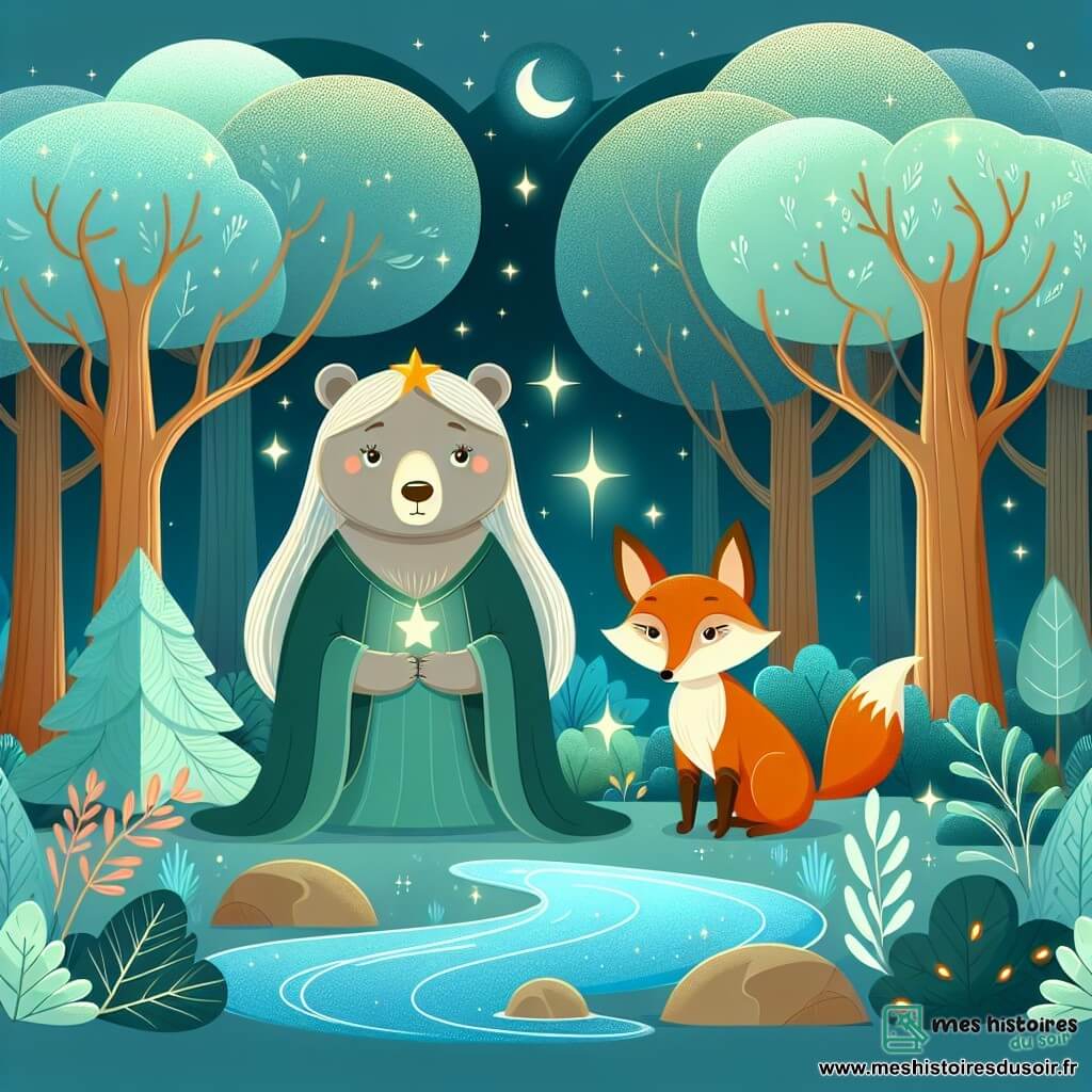 Une illustration destinée aux enfants représentant une ourse sage dans une forêt enchantée, accompagnée d'une renarde curieuse, entourées de grands arbres aux feuilles chatoyantes et de ruisseaux étincelants.
