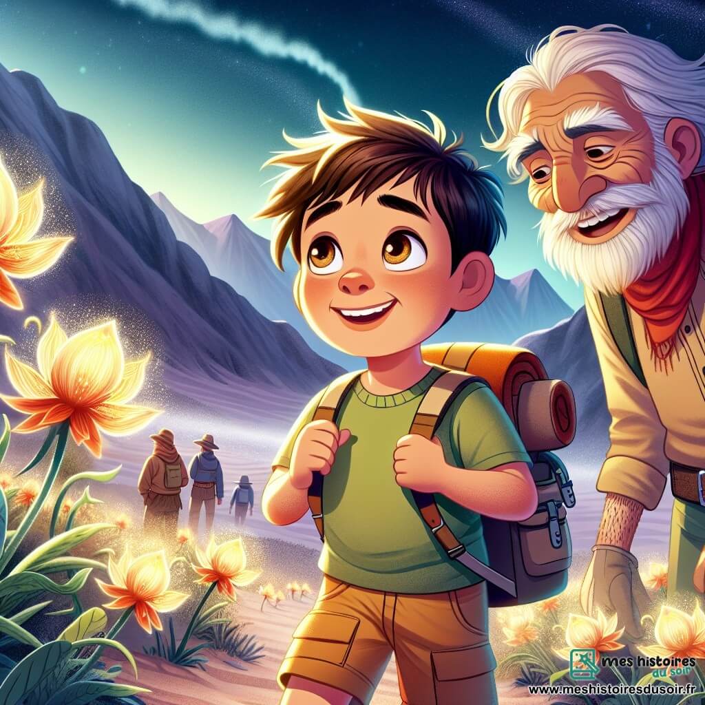 Une illustration sous forme de dessin destinée aux enfants représentant une vallée cachée au cœur du désert de l'Atacama, avec un jeune garçon aux cheveux bruns et aux yeux pétillants, portant un sac à dos robuste et observant avec émerveillement des fleurs lumineuses appelées Lumière d'Anka, tandis qu'un homme âgé au visage ridé, aux cheveux gris et à la peau bronzée, se tient à ses côtés, souriant et lui montrant comment récolter délicatement les plantes, alors qu'une tempête de sable se profile à l'horizon, ajoutant une touche de mystère et d'aventure à cette scène magique.
