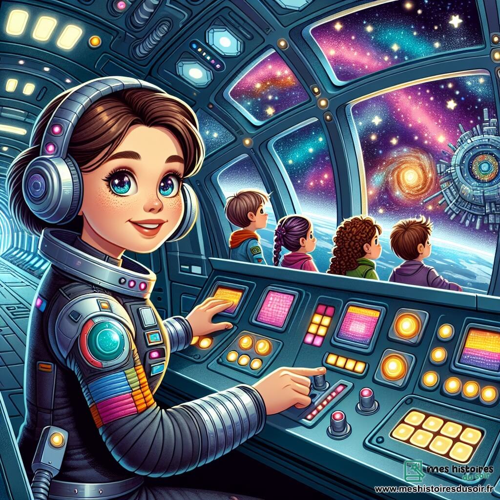 Une illustration sous forme de dessin destinée aux enfants représentant l'intérieur d'un vaisseau spatial futuriste, avec des murs en métal brillant et des écrans lumineux, où une femme pilote aux cheveux bruns et aux yeux pétillants, vêtue d'une combinaison spatiale colorée, ajuste les commandes avec un sourire déterminé, tandis qu'un groupe de quatre enfants, deux garçons aux cheveux bouclés et une fille aux tresses, émerveillés, observent à travers les hublots, découvrant l'immensité de l'espace parsemée d'étoiles scintillantes et d'une nébuleuse colorée, alors qu'ils se dirigent vers une mystérieuse station abandonnée.
