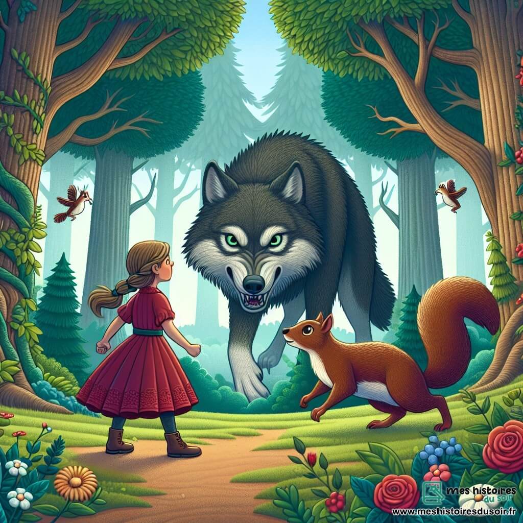 Une illustration destinée aux enfants représentant une jeune fille courageuse affrontant un grand méchant loup, accompagnée de son fidèle écureuil, dans une forêt enchantée aux arbres majestueux et aux fleurs colorées.