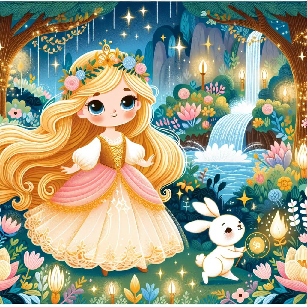 Une illustration destinée aux enfants représentant une princesse aux cheveux d'or, perdue dans une forêt enchantée, accompagnée d'un petit lapin blanc, dans un royaume magique rempli de fleurs lumineuses et de cascades étincelantes.
