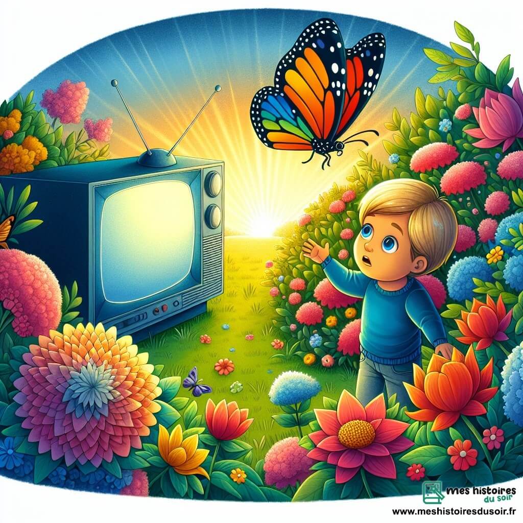 Une illustration destinée aux enfants représentant un jeune garçon intrigué par un énorme téléviseur, accompagné d'un papillon coloré, dans un jardin fleuri baigné de douces lumières du soleil couchant.