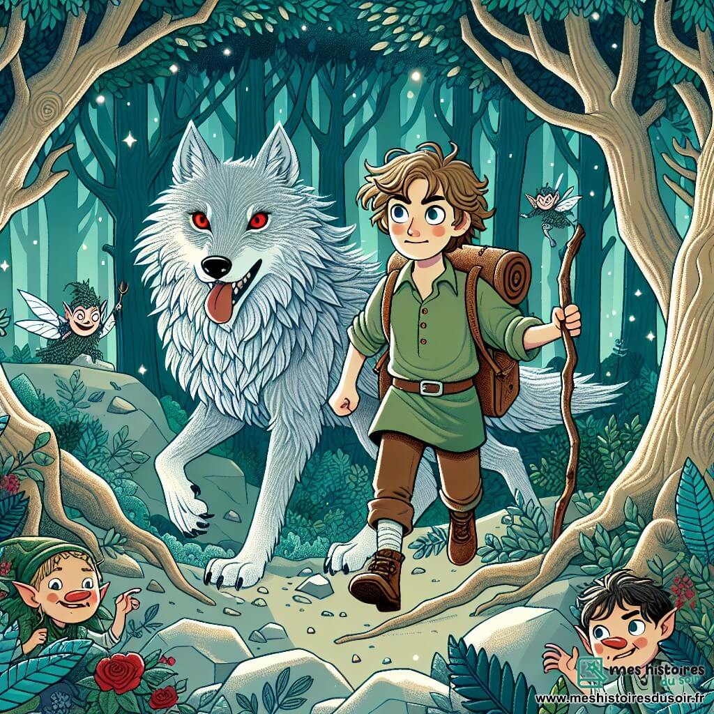 Une illustration sous forme de dessin destinée aux enfants représentant une forêt enchantée, avec des arbres majestueux aux feuilles scintillantes, où un garçon de 11 ans aux cheveux en désordre et aux yeux pétillants, portant un sac à dos et un bâton de bois, s'approche avec courage d'un grand loup au pelage argenté, dont les yeux rouges brillent d'une lueur mélancolique, tandis que des lutins malicieux aux nez pointus et aux sourires espiègles observent la scène depuis les buissons, illustrant le moment où le garçon décide d'aider le loup à briser sa malédiction.